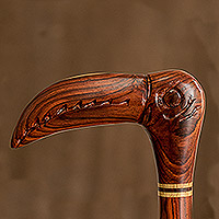 Wood walking stick, 'Toucan Head' - Toucan-shaped Hand-carved Removable Wood Walking Stick