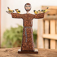 Cedar wood sculpture, 'Beloved Saint Francis' - Nicaraguan Cedar Sculpture of Saint Francis with Birds