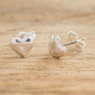 Fine silver stud earrings, 'Heart Brilliance' - Fine Silver Earrings from Guatemala