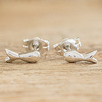 Fine silver stud earrings, 'Dainty Fish' - Handcrafted 999 Silver Stud Earrings