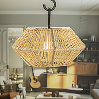 Hanging jute lampshade, 'Boho Geometry' - Artisan Crafted Jute Hanging Lampshade