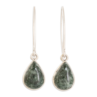 Jade dangle earrings, 'Maya Fortune in Dark Green' - Handmade Jade and Sterling Silver Earrings