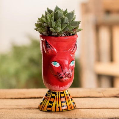 Blumentopf aus Keramik - Handgefertigter Übertopf mit Katzenmotiv