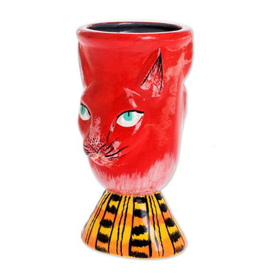 Ceramic flower pot, 'Top Cat in Red' - Handmade Cat Motif Planter