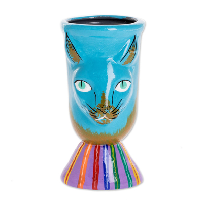 Ceramic flower pot, 'Top Cat in Turquoise' - Small Handcrafted Ceramic Plant Pot