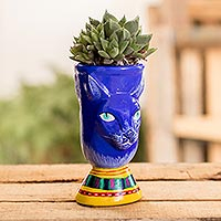 Ceramic flower pot, 'Top Cat in Blue' - Blue Ceramic Flower Pot