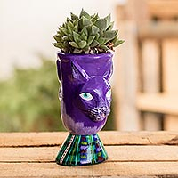 Ceramic flower pot, 'Top Cat in Purple' - Handmade Purple Ceramic Planter