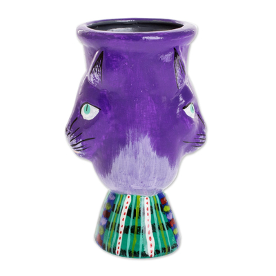 Ceramic flower pot, 'Top Cat in Purple' - Handmade Purple Ceramic Planter