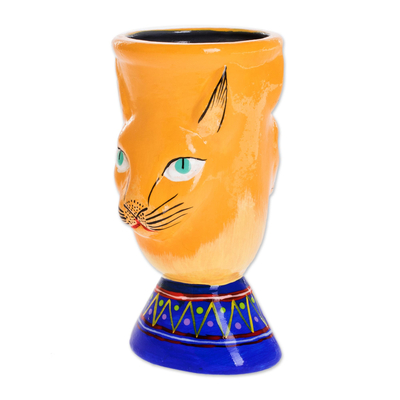Ceramic flower pot, 'Top Cat in Yellow' - Handcrafted Yellow Ceramic Flower Pot