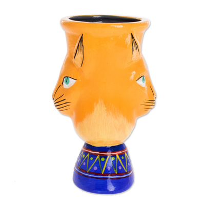 Ceramic flower pot, 'Top Cat in Yellow' - Handcrafted Yellow Ceramic Flower Pot