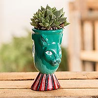 Maceta de cerámica, 'Top Cat in Green' - Jardinera de cerámica hecha a mano en verde