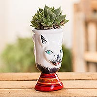 Maceta de cerámica, 'Top Cat in White' - Maceta de cerámica guatemalteca