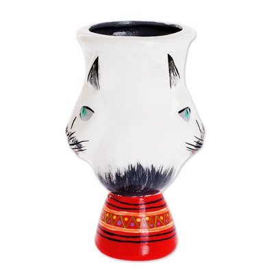 Ceramic flower pot, 'Top Cat in White' - Guatemalan Ceramic Flower Pot
