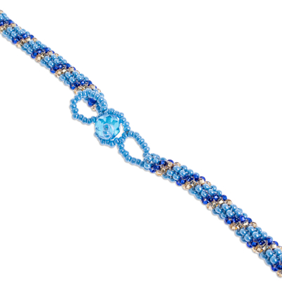 Lange Perlenstrang-Halskette, 'Sea Stripes' (Meeresstreifen) - Blaue Glasperlenkette mit langem Strang