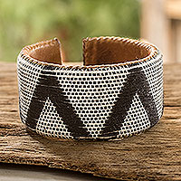 Cotton and leather cuff bracelet, 'Comalapa Highlands in White' - Cotton Bracelet in White and Black