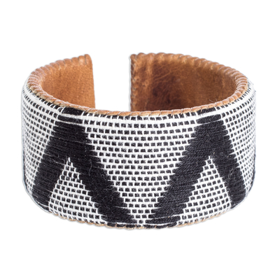 Cotton and leather cuff bracelet, 'Comalapa Highlands in White' - Cotton Bracelet in White and Black