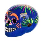 Ceramic figurine, 'Flowery Skull in Blue' - Artisan Crafted Ceramic Figurine