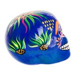 Ceramic figurine, 'Flowery Skull in Blue' - Artisan Crafted Ceramic Figurine