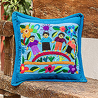 Embroidered cushion cover, 'Come Together' - Multicolored Handwoven Cushion Cover