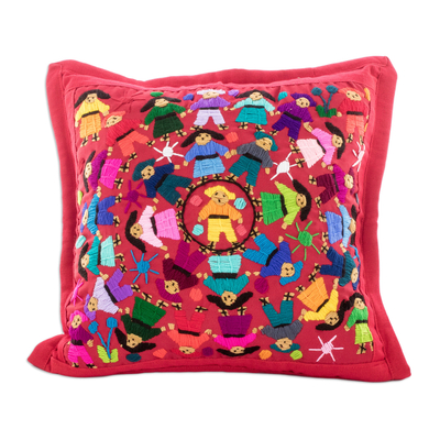 Embroidered cushion cover, 'World Harmony in Red' - Multicolored Handwoven Cushion Cover