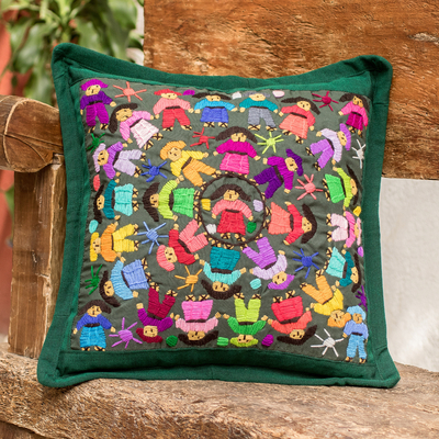 Embroidered cushion cover, 'World Harmony in Green' - Multicolored Handwoven Cushion Cover