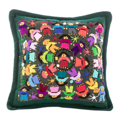 Embroidered cushion cover, 'World Harmony in Green' - Multicolored Handwoven Cushion Cover