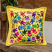 Embroidered cushion cover, 'World Harmony in Yellow' - Multicolored Handwoven Cushion Cover