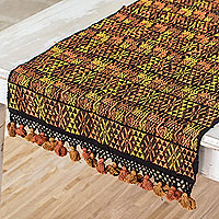 Handloomed Traditional Cotton Table Runner,'Coban Culture in Orange'