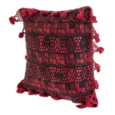 Cotton cushion cover, 'Coban Culture in Cherry' - Artisan Crafted Throw Pillow Cover
