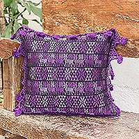 Cotton cushion cover, 'Coban Culture in Purple' - Handloomed Cotton Throw Pillow Cover