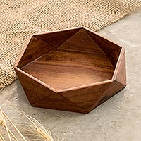 Wood serving bowl, 'Hexagonal' - Artisan Crafted Geometric Wood Bowl