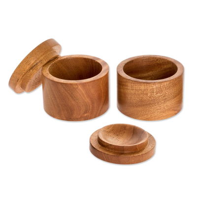 Mahogany wood spice jars, 'Cooking With Love' (pair) - Handcrafted Wooden Spice Jars (Pair)