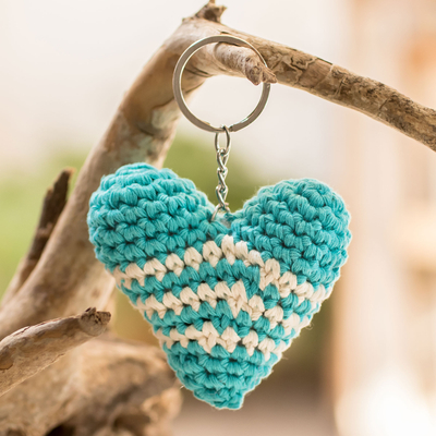 Crocheted key fob, 'Turquoise Antigua Heart' - Handcrafted Acrylic Key Fob