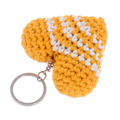 Crocheted key fob, 'Yellow Antigua Heart' - Handmade Crocheted Key Fob
