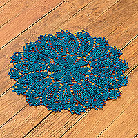 Crocheted doily, 'Flower Wheel' - Artisan Crafted Teal Doily