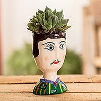 Ceramic planter, 'Mateo' - Guatemalan Ceramic Planter with Man's Face
