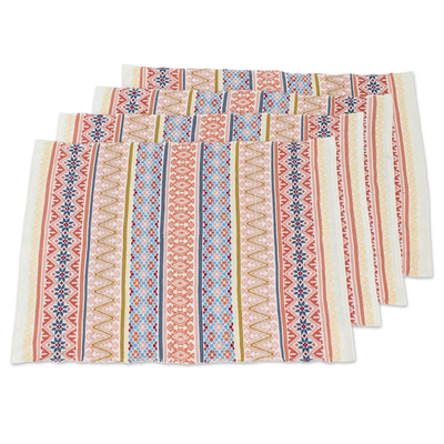 Cotton placemats, 'Coral Cascade' (set of 4) - Handwoven Multicolored Placemats (Set of 4)