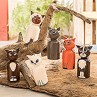 Reclaimed wood ornaments, 'Cats' Holiday' (set of 6)