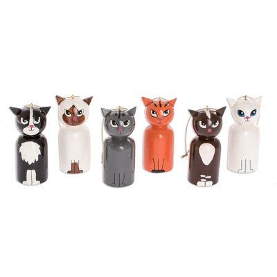 Reclaimed wood ornaments, 'Cats' Holiday' (set of 6) - Hand-Painted Wooden Ornaments (Set of 6)