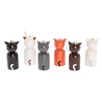 Reclaimed wood ornaments, 'Cats' Holiday' (set of 6) - Hand-Painted Wooden Ornaments (Set of 6)