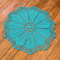 Crocheted doily, 'Fiesta Flower' - Handmade Crocheted Doily in Cerulean