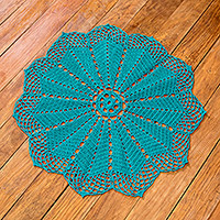 Crocheted doily, 'Festive Bloom' - Teal Doily Handcrafted in Guatemala