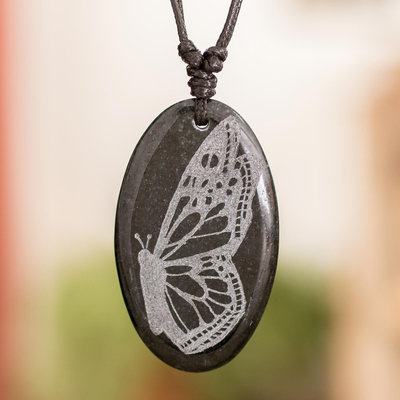 Jade pendant necklace, 'Evolution Butterfly' - Butterfly-themed Unisex Adjustable Jade Pendant Necklace