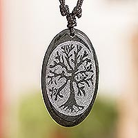 Jade pendant necklace, 'Family Tree of Life' - Tree of Life-themed Unisex Adjustable Jade Pendant Necklace