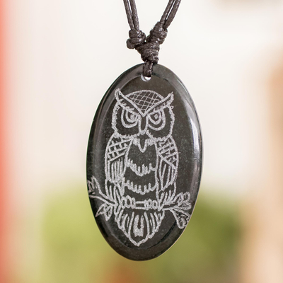 Jade pendant necklace, 'Wisdom Owl' - Owl-themed Unisex Adjustable Jade Pendant Necklace