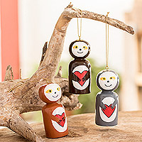Reclaimed wood ornaments, 'Love Sloth' (set of 3) - Guatemalan Handcrafted Reclaimed Wood Ornaments (Set of 3)