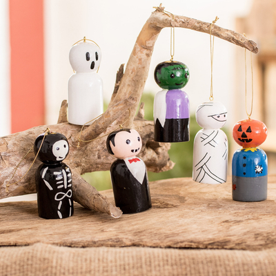 Reclaimed wood ornaments, 'Trick or Treat' (set of 6) - Reclaimed Wooden Ornaments from Guatemala (Set of 6)