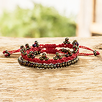 Beaded macrame bracelets, 'Red Joy' (Pair)