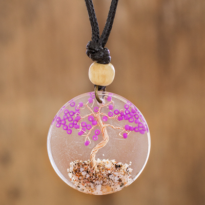 Resin pendant necklace, 'Lilac Tree of Life' - Hand-crafted Tree of Life Unisex Resin Pendant Necklace