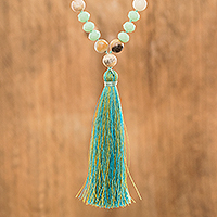 Long beaded tassel necklace, 'Bohemian Amazonite' - Handmade Amazonite and Crystal Beaded Long Tassel Necklace